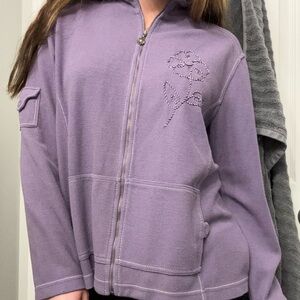 Vintage zip up sweater with flower stitch design and buttons